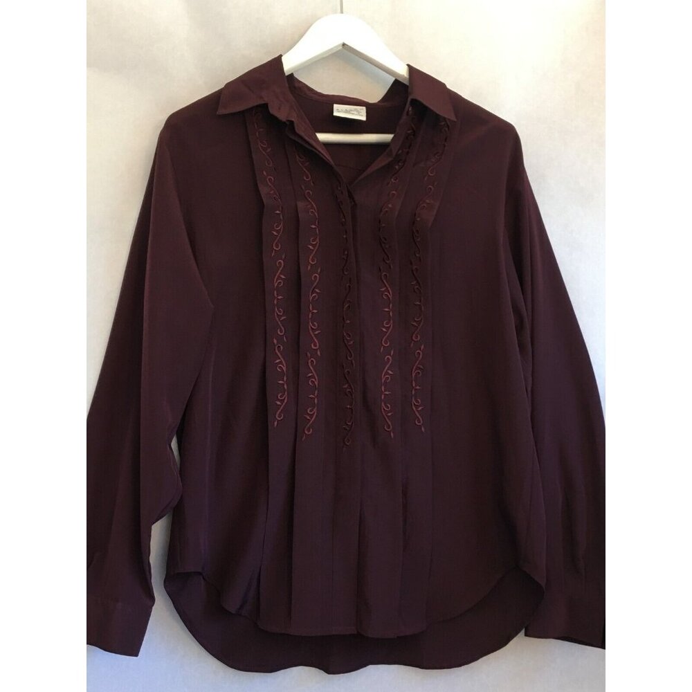 Alexon Women's 14 Burgundy Pleated Long Sleeves Embroidered Button Front Shirt